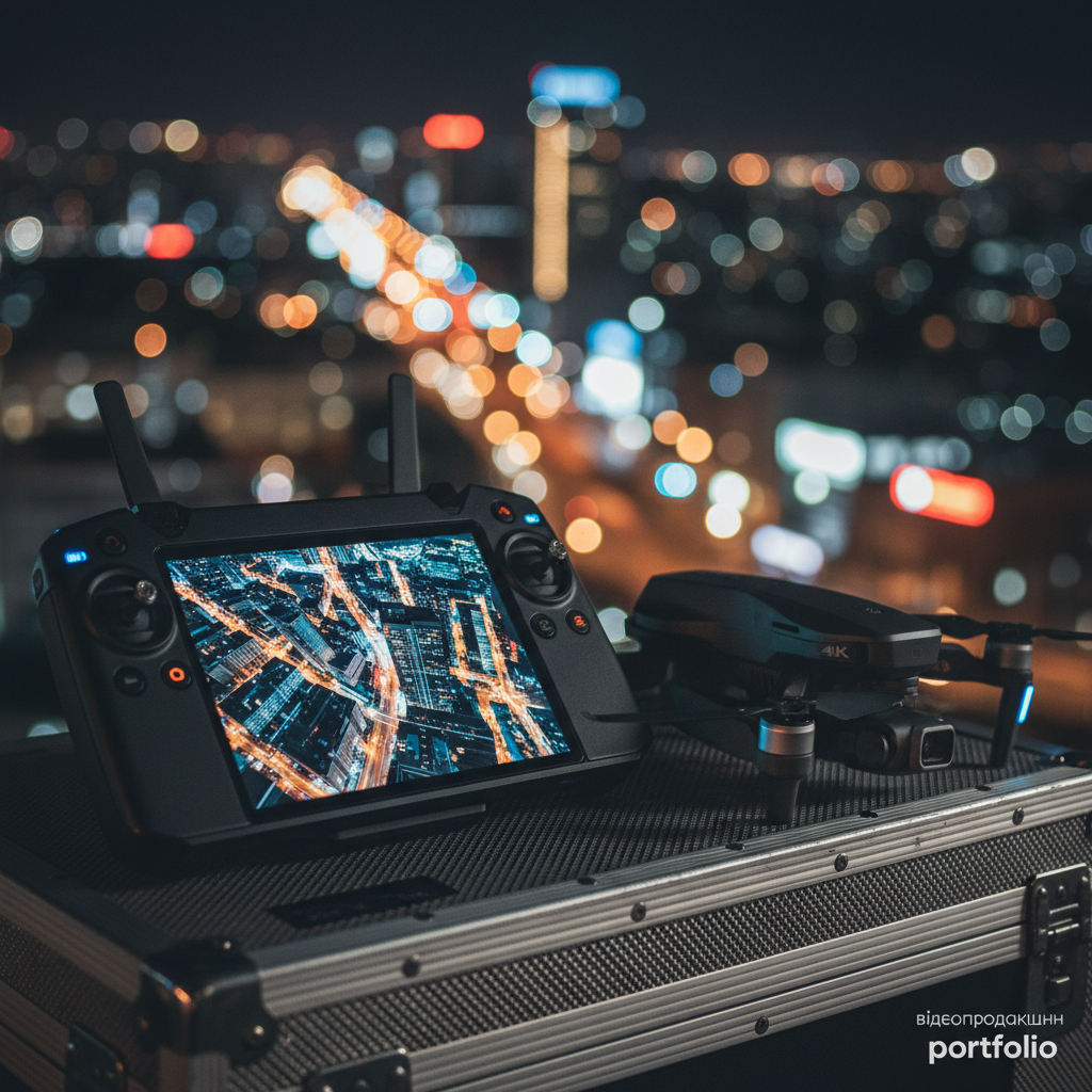 A nighttime cityscape reflected in the glossy screen of a professional drone controller resting on a textured metal case, with a compact 4K camera drone positioned beside it, propellers folded. The screen displays a crisp aerial framing of illuminated streets and buildings, suggesting dynamic location shooting. Ambient urban light, distant neon signs, and a subtle cool-blue LED from the controller create a moody, high-tech glow. Photographic realism, shot from a low, close perspective that emphasizes reflections and fine details on the hardware, with the blurred city lights in the background forming a soft bokeh. The mood is bold and energetic, highlighting advanced capabilities within the відеопродакшн portfolio.