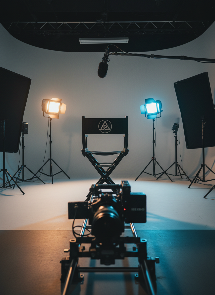 A modern studio space prepared for a branded video shoot, featuring an empty director’s chair with a clean, geometric logo-like symbol on the backrest instead of text, surrounded by light stands with softboxes, a boom microphone above, and a cinema camera on a slider in the foreground. The background shows a seamless neutral backdrop with flag panels shaping the light. Warm, controlled key lighting from the left and a cool rim light from behind add depth and polish. Photographic realism, captured from a slightly low angle along the camera slider, with a shallow depth of field that keeps the chair and camera in focus, conveying a sense of anticipation and creative direction without showing any people.