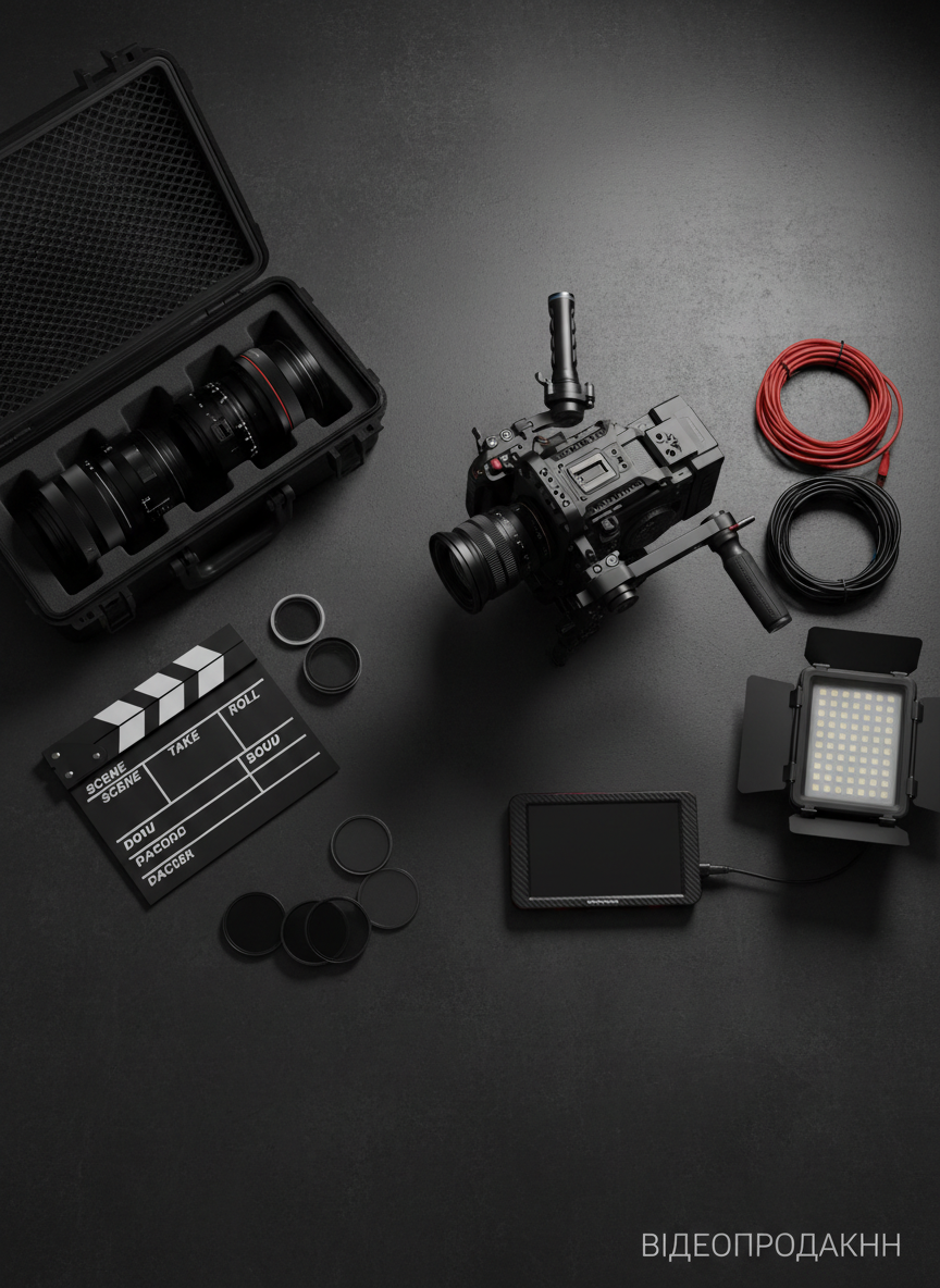 A cinematic overhead view of a meticulously arranged video production set: a matte-black cinema camera on a gimbal, prime lenses lined up in a padded case, a foldable clapperboard, ND filters, and a sleek field monitor all laid out on a dark textured tabletop. To one side, neatly coiled cables and a compact LED panel with barn doors suggest ready-to-go mobility. Soft, directional top lighting creates dramatic highlights on metal and glass surfaces, with long, defined shadows that emphasize shape and order. Photographic realism, high contrast yet clean and modern, with a balanced composition that communicates preparedness, organization, and professional відеопродакшн craftsmanship.