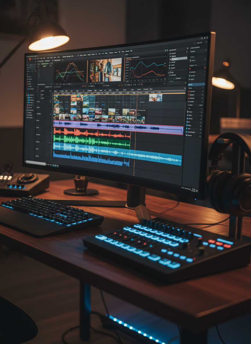 A detailed close-up of a professional video editing timeline displayed on an ultra-wide monitor, showing multiple layers of 4K footage, color adjustment curves, and audio waveforms in a modern editing suite. The monitor sits on a dark wooden desk with a specialized editing keyboard, control surface with glowing dials, and studio headphones resting on the side. Subtle blue accent LEDs underlight the desk, while a soft overhead light and dim practical lights create a focused, cinematic atmosphere. Photographic realism, shot from a slightly angled side perspective, with sharp focus on the monitor interface and gentle bokeh on the peripherals, highlighting the precision of монтаж and постпродакшн work.