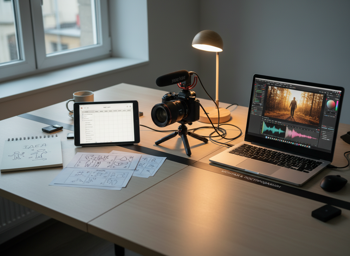 A split-environment composition showing the full відеопродакшн cycle on a single, wide desk: on the left, an open notebook and storyboard frames drawn on paper next to a tablet showing shot lists; in the center, a compact mirrorless camera with a fast lens and an external microphone attached; on the right, a laptop running color grading software with vivid scopes and a preview window. Soft, indirect daylight from a large side window mixes with a subtle warm desk lamp, creating a balanced, calm working atmosphere. Photographic realism, slightly elevated angle with sharp focus throughout, emphasizing structure, process, and the seamless transition from idea to shooting to монтаж and постпродакшн.